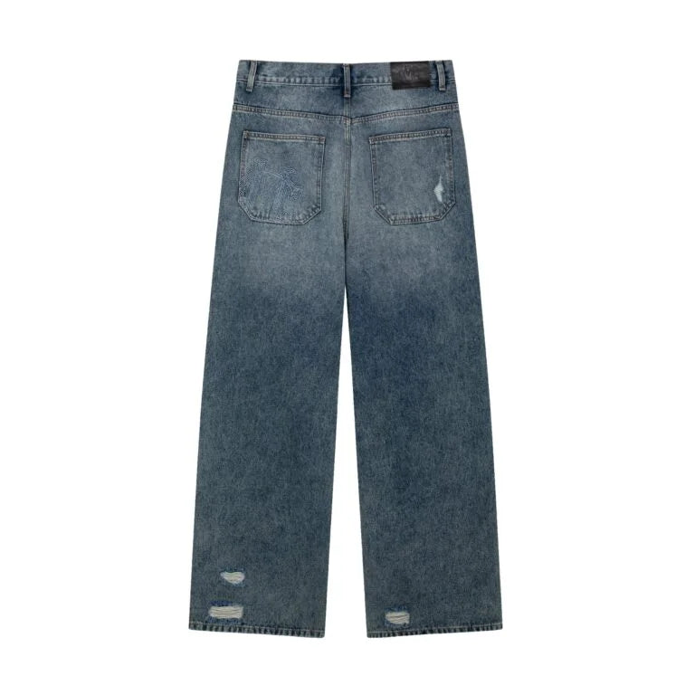 FRINGE DISTRESSED BAGGY JEANS