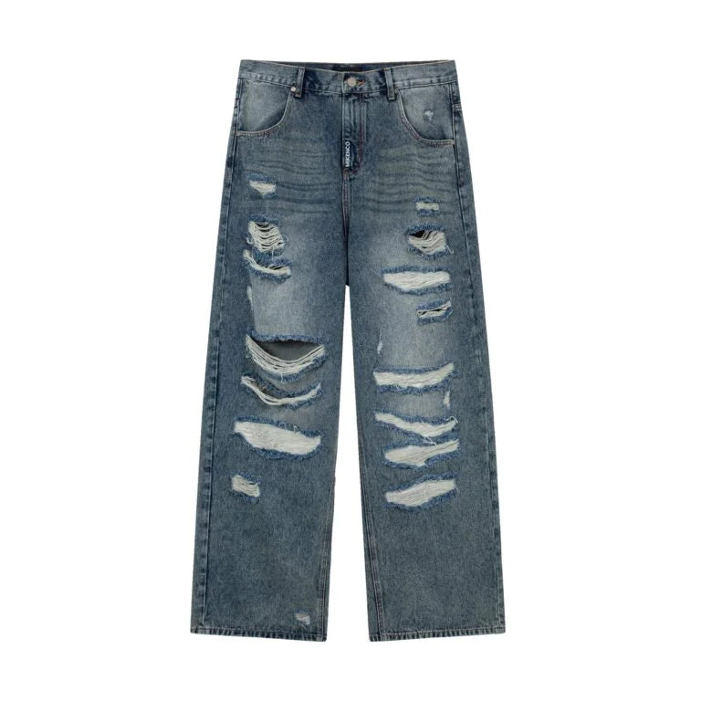 FRINGE DISTRESSED BAGGY JEANS